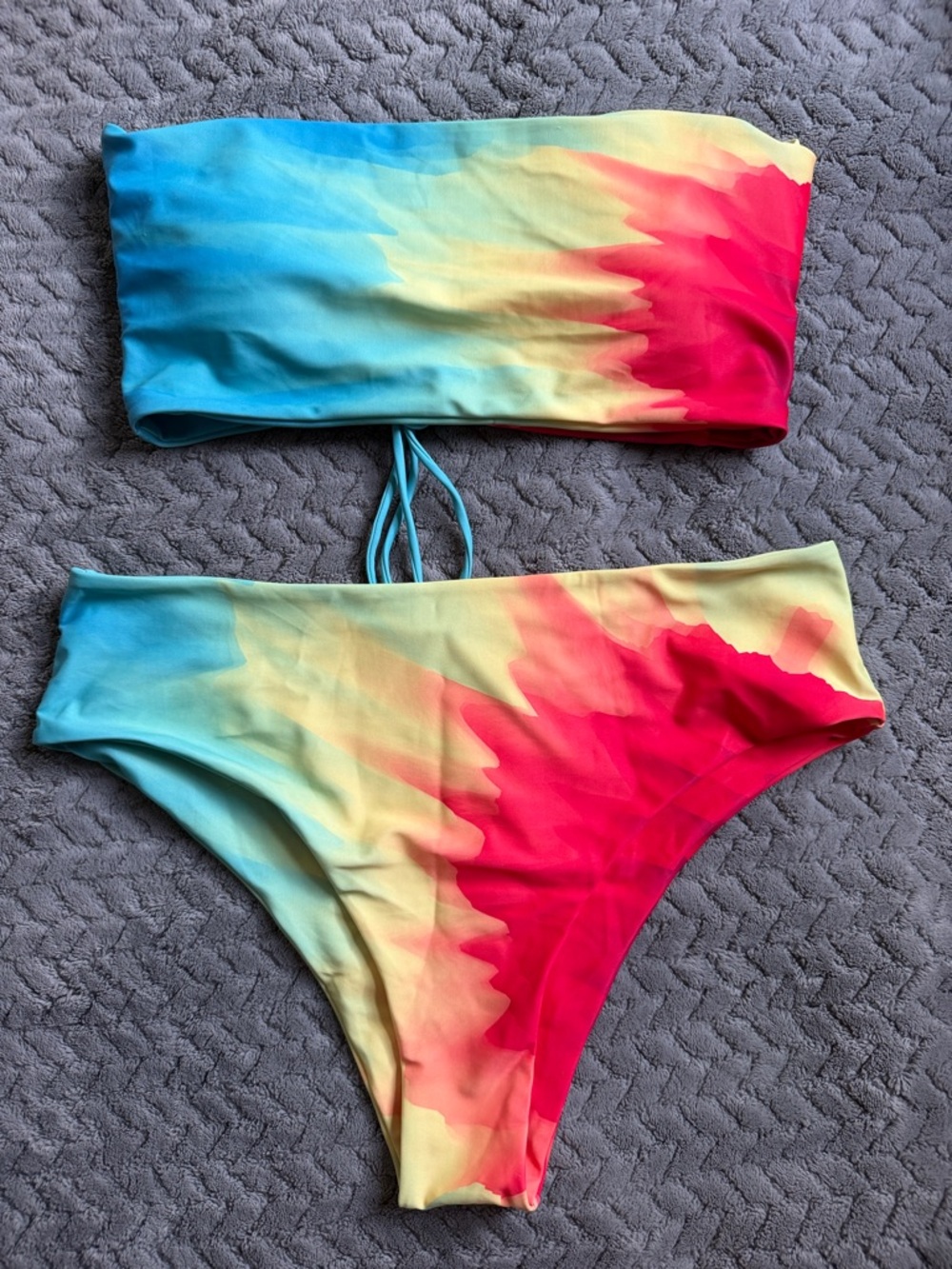Amazon Women's Bandeau Bikini Set in Blue, Yellow & Pink